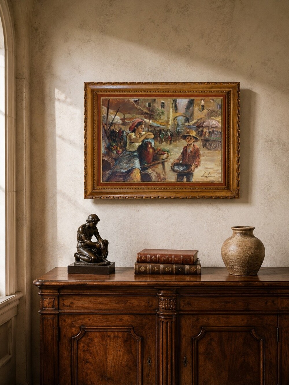 1950s Nino Salvadori Original Italian Oil Painting Framed Market Scene